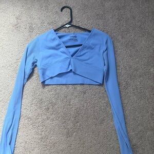 Garage Women's Light Blue V-Neck Ribbed Top